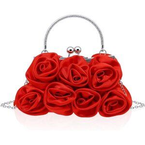 New Women’s Red Floral Satin Evening Clutch Purse w/ Detachable Strap